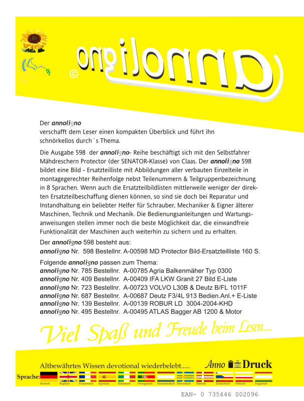 Claas Mähdrescher Protector (Senator-Klasse) Bild- Ersatzteilliste mit Explosionszeichnungen in 8 Sprachen - annoligno 598